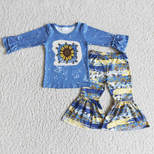 Promotion 6 A26-4 blue sunflower long sleeves bell bottom pants girl outfits 6 A26-4