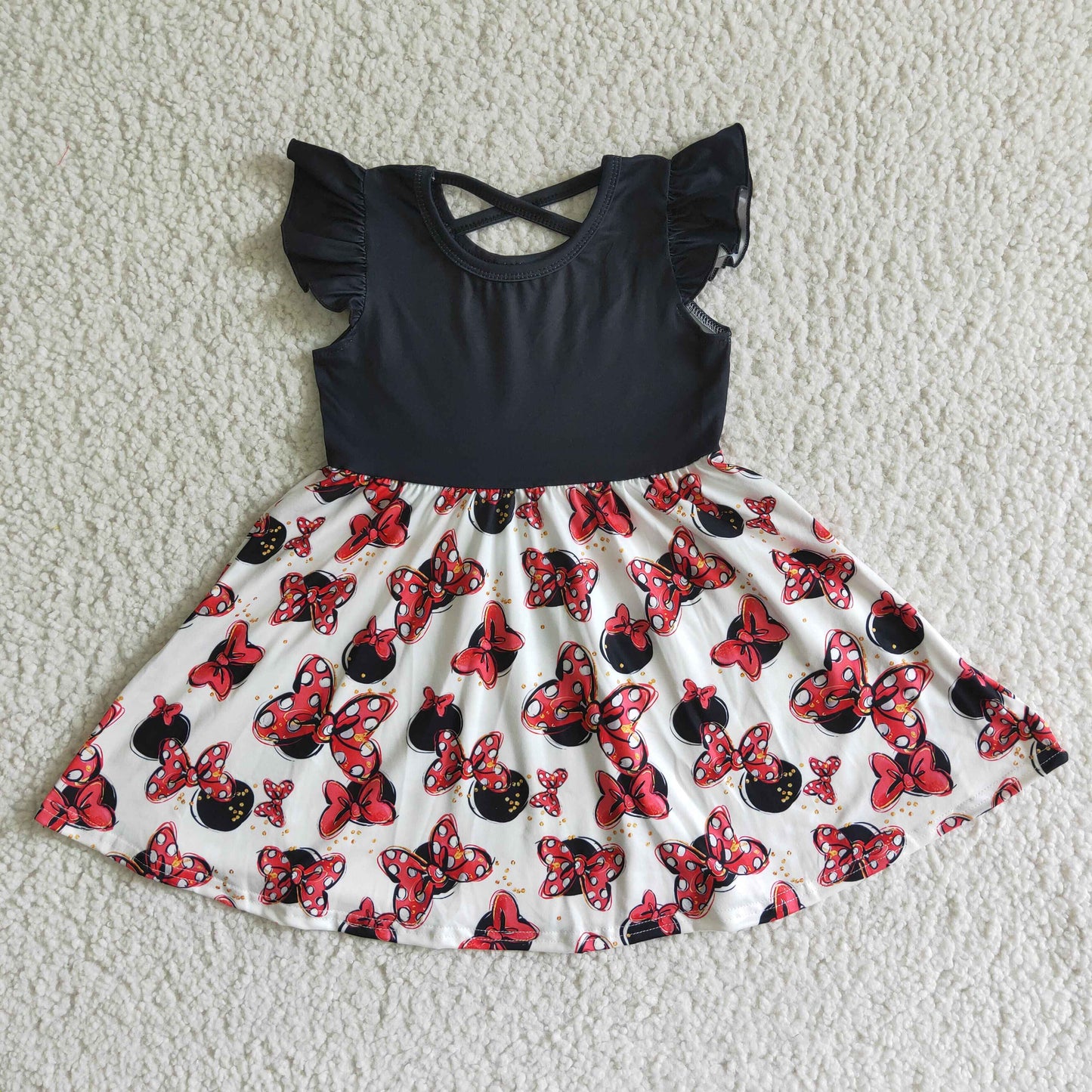 RTS mouse bow print summer black puffy short sleeve white red mouse dress 0517