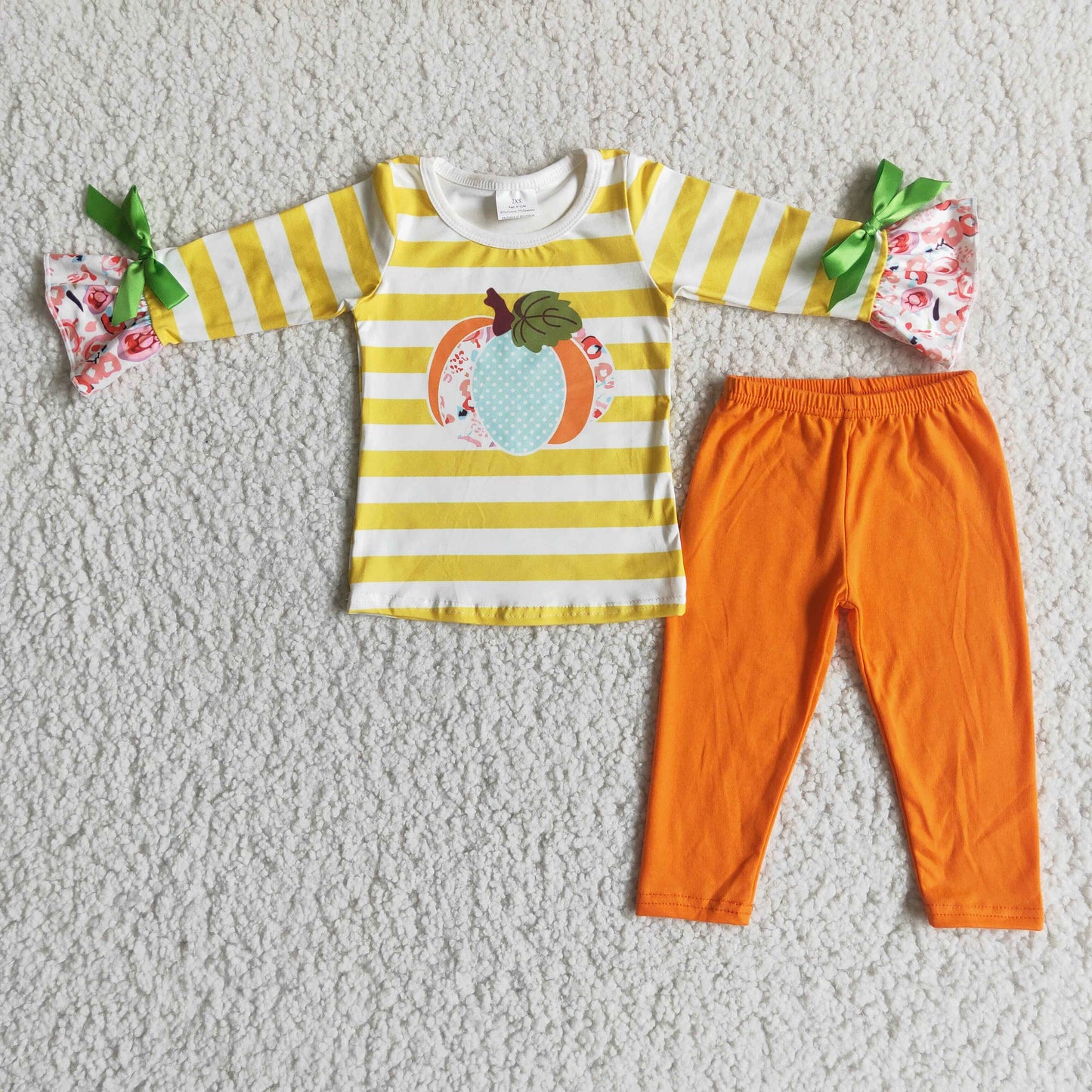 promotion 6 A10-14 bow yellow stripe pumpkin orange long sleeve legging pant outfit