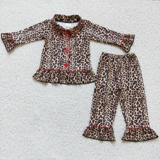 Girls lace button leopard print collar long sleeve pajamas outfit