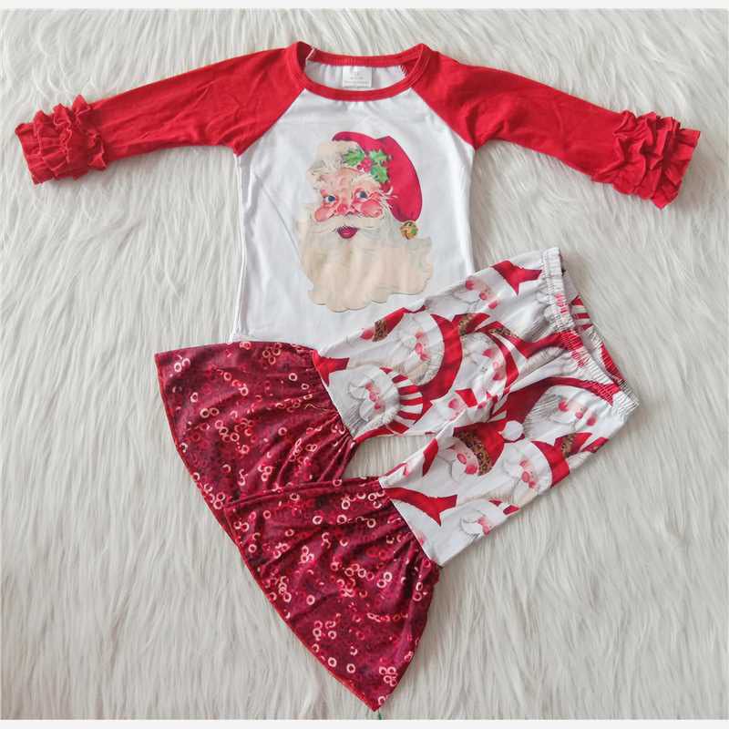 Christmas santa sequins red ruffle long sleeve bell bottom pants outfit