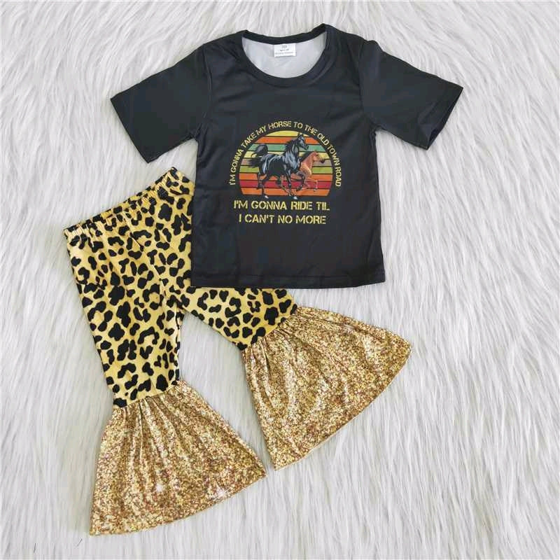 promotion A13-14-1 ride horse letters black leopard print short sleeve bell bottom pant outfit 202402