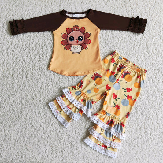 promotion 6 C6-25 Orange turkey print thanksgiving lace ruffles lace Long sleeve bell bottom outfits