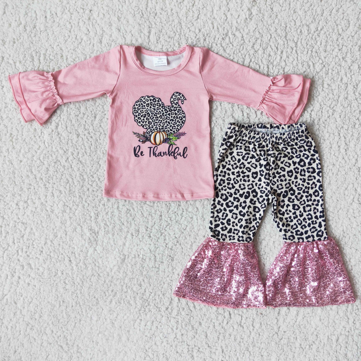 pink leopart print thanksgiving sequins long sleeve bell bottom pants outfits