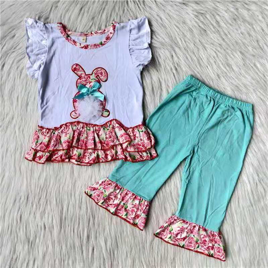 Easter girl bow floral embroidery rabbit flutter lace short sleeve pants outfit