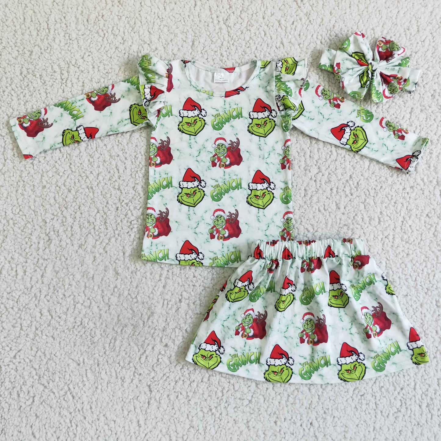 GLD0081 RTS (Choose handband below)Christmas green grin cartoon long sleeve baby girl skirt outfit 20230527