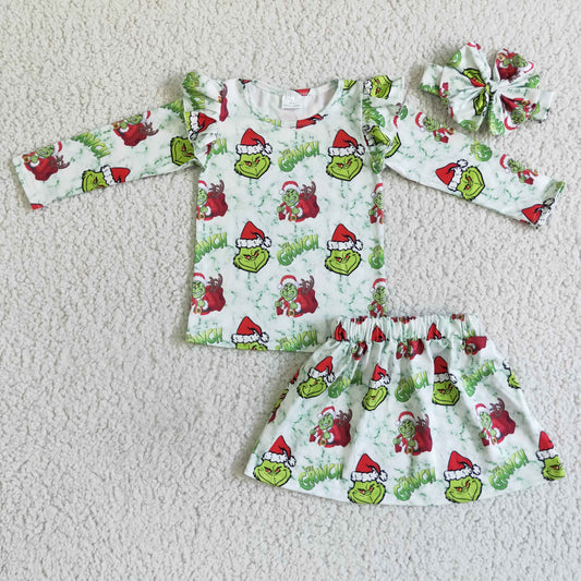 GLD0081 RTS (Choose handband below)Christmas green grin cartoon long sleeve baby girl skirt outfit 20230527