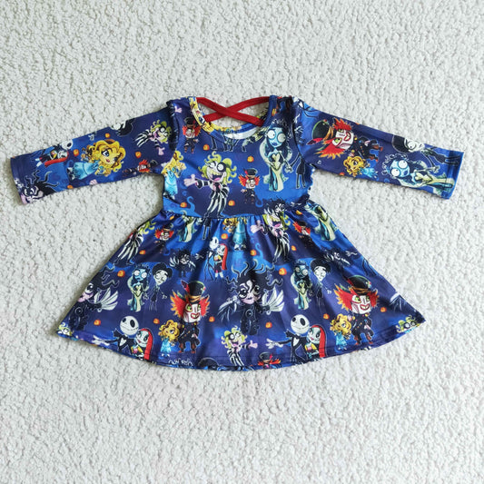 RTS 0726 halloween skull blue crisscross long sleeve  girl dress