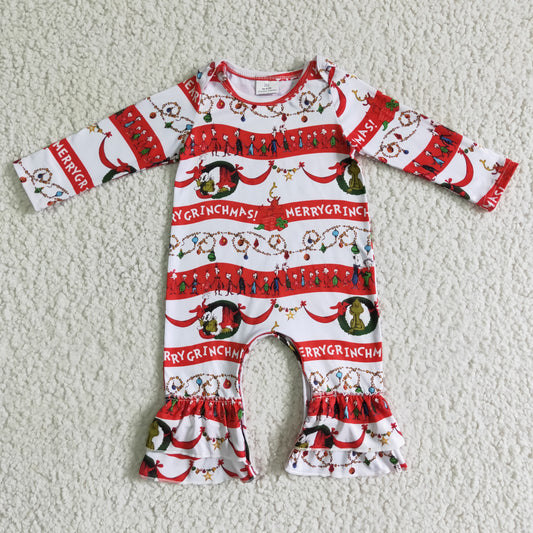 0914 RTS christmas cartoon green grin  pink girl romper