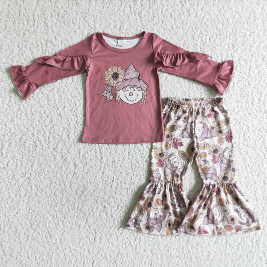 Promotion 202410 GLP0104 RTS Red ruffle long sleeve scarecrow sunflower bell bottom pants girl outfit