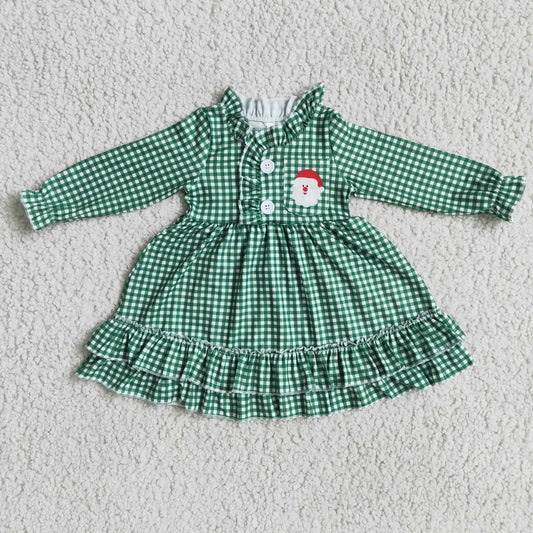 6 C10-7 Christmas girl cute santa pocket cartoon green plaid lace long sleeve dress 20230628  RTS