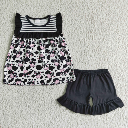 pink cow stripe print ruffles black short sleeve shorts girl outfits 0418