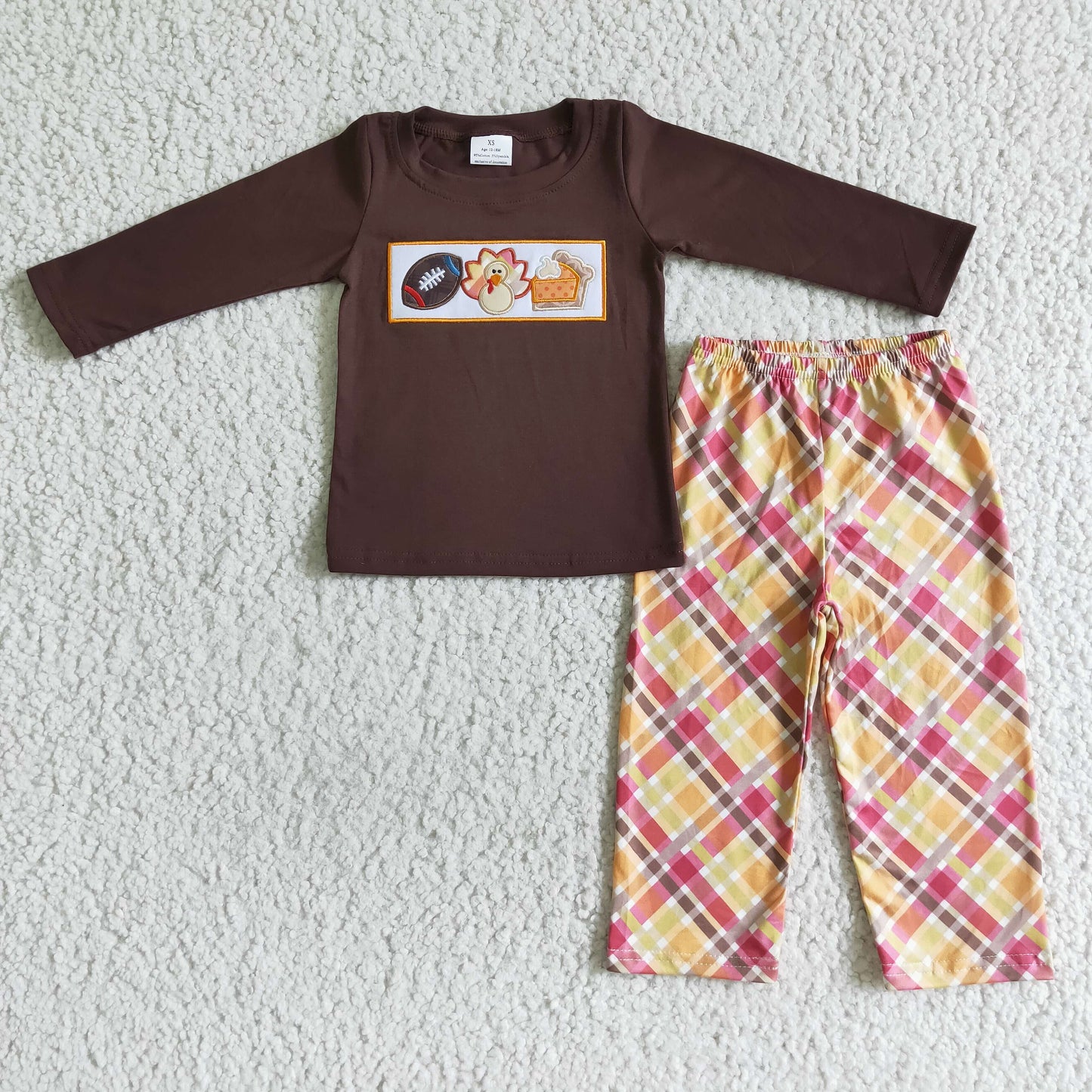 RTS 0730 football turkey brown long sleeve yellow plaid pants Thanks giving boy outfit