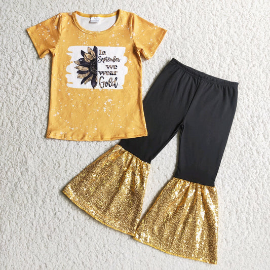 promotion sunflower golden sequins letters short sleeve bell pants girl outfit 202408