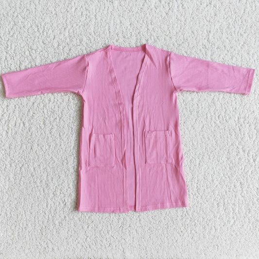 hot pink colour solid color pocket cotton long sleeve cardigan