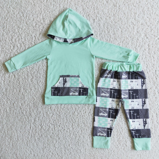 promotion Cartoon Line light green pocket boy hoodies outfits 0921