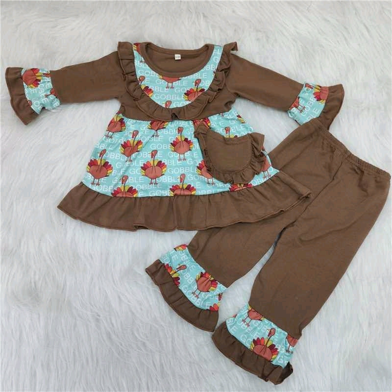 girl brown blue turkey print pocket thanksgiving lace long sleeve pants outfit