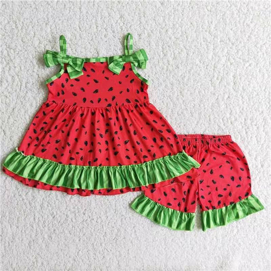 promotion D7-30 shoulder strap watermelon red green bow short sleeve shorts girl outfits 202404 RTS