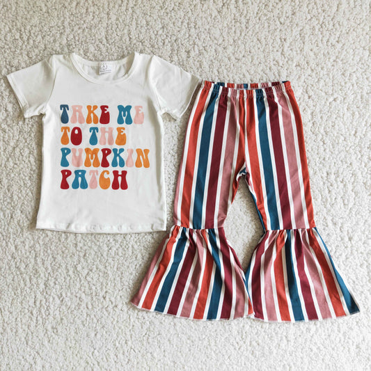 take me to the pumpkin patch letters white Letter stripes short sleeve bell bottom girl outfit 0915