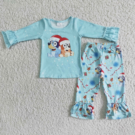 christmas girl cartoon dogs blue lace long sleeve pant outfit