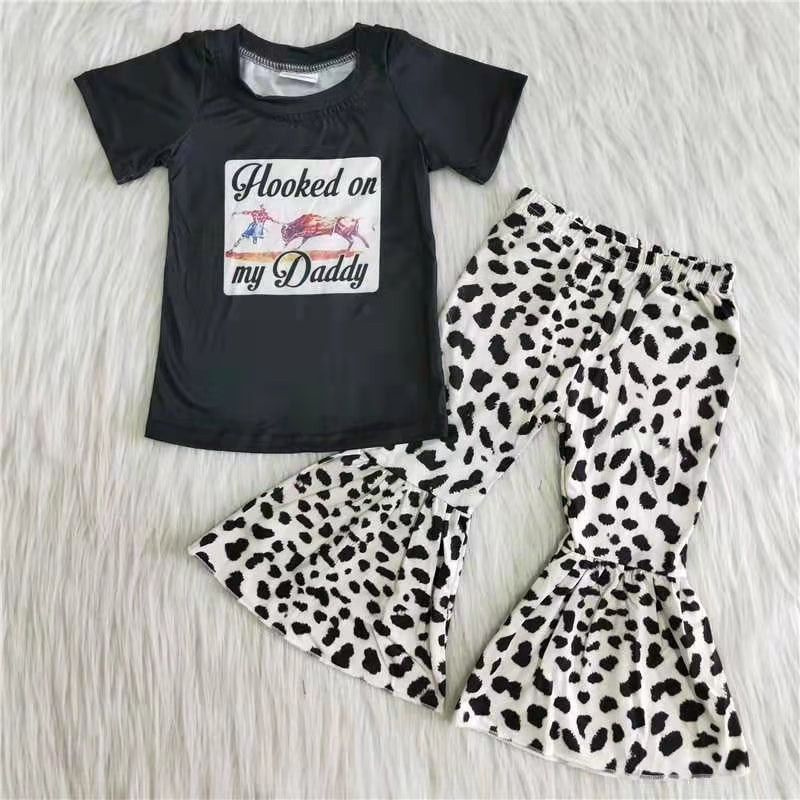 promotion A11-22 bullfight hooked on my daddy letter black leopard print short sleeve bell bottom pant girl outfit 202404