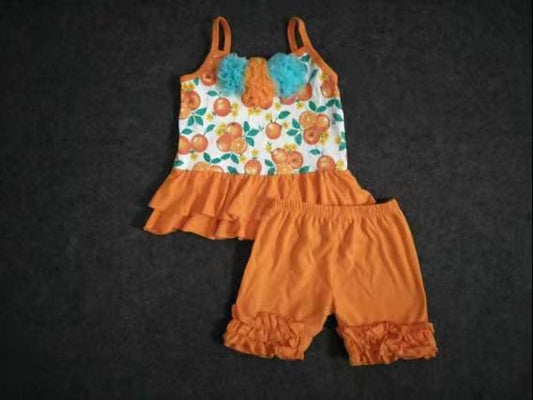 shoulder strap orange flower ruffles short sleeve shorts girl outfits