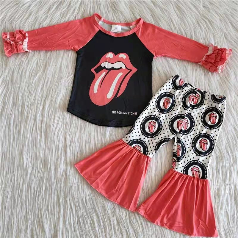 mouth tongue red ruffles dot long sleeve bell bottom pant girl outfit