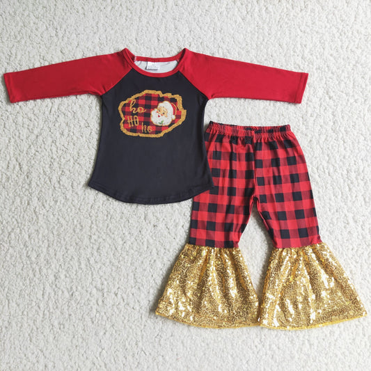 6 C9-5 Promotion Christmas girl santa raglan golden sequins red black plaid long sleeve bell bottom pants outfits