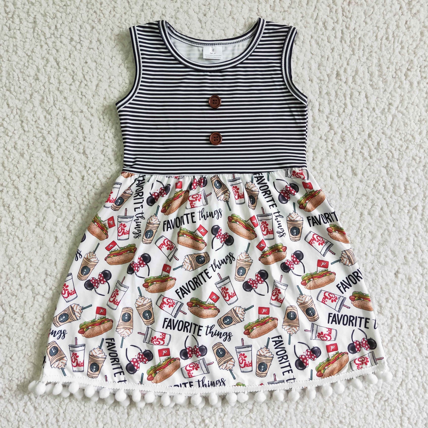 chick drinks hotdog grey stripe girl dress 0621 RTS