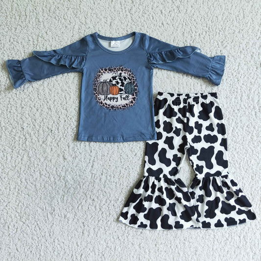 promotion RTS GLP0090  blue halloween pumpkin leopard ruffle long sleeve bell long pants girl outfit 0726