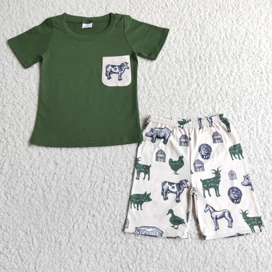 promotion RTS BSSO0046 farm cow animal horse pig green short sleeve white shirts summer boy outfits 0523
