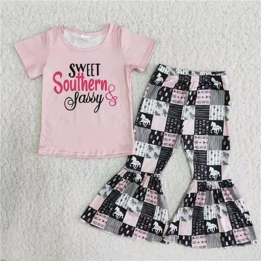 promotion A0-16 sweet southern letter girl pink horse plaid short sleeve bell bottom pant girl outfit 20230725  RTS