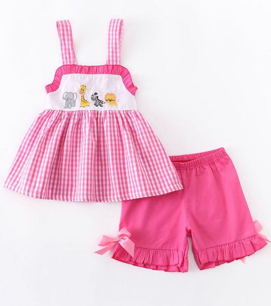 preorder pink white plaid animals short sleeve shorts girl outfits 0315