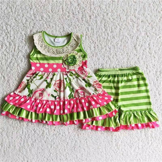 C9-23 flower red dot green stripe floral ruffles short sleeve summer girl shorts outfit 1229 RTS