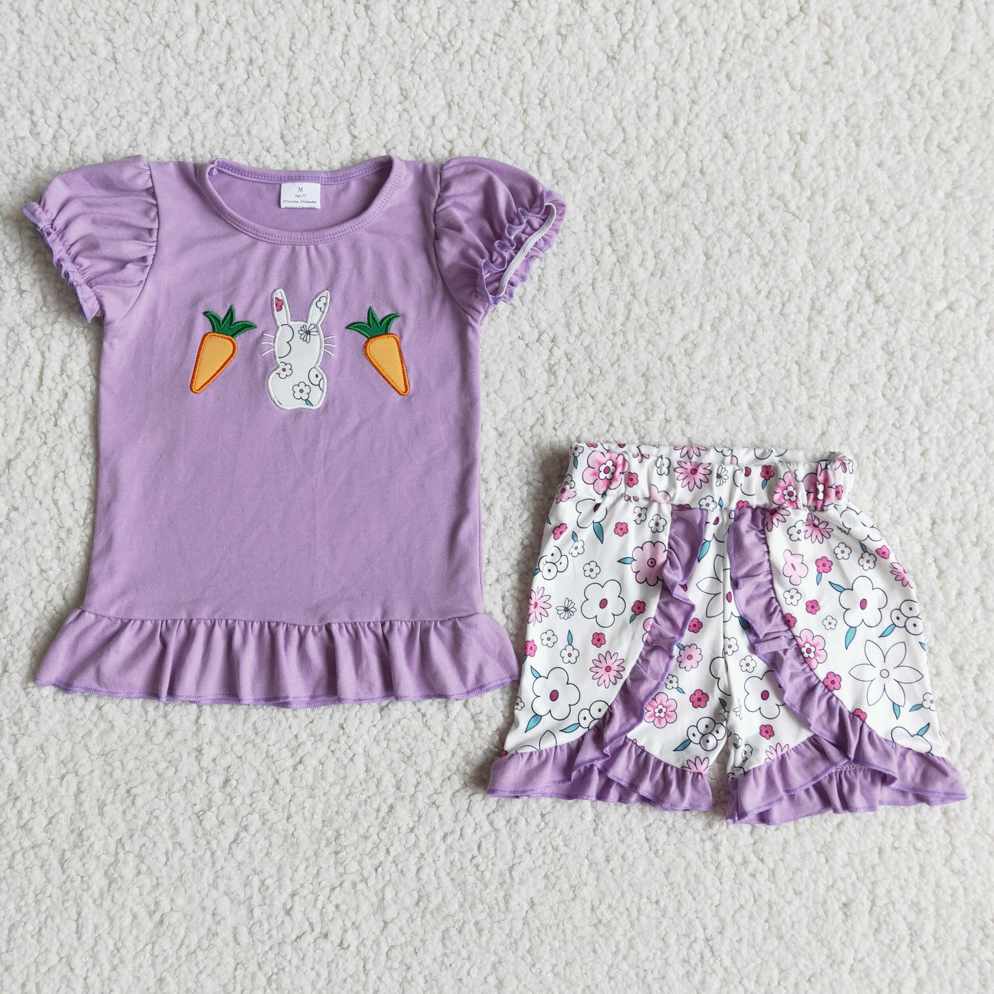 promotion embroidery rabbit purple flower short sleeve shorts girl outfit