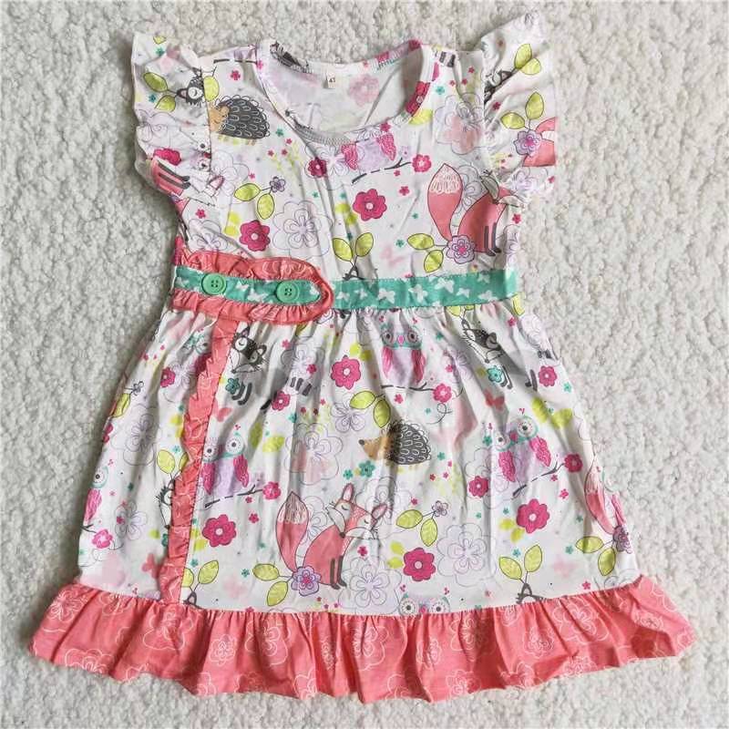 pink flower foxes owls animalss girl short sleeve dress