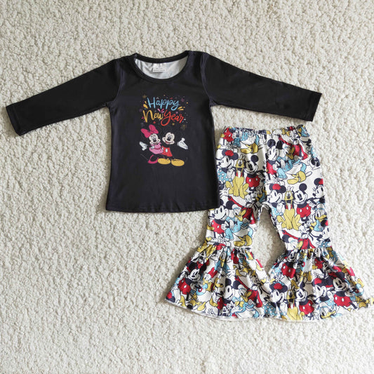 promotion 6 B1-18 cartoon mouse print black long sleeve bell bottom pant outfit RTS