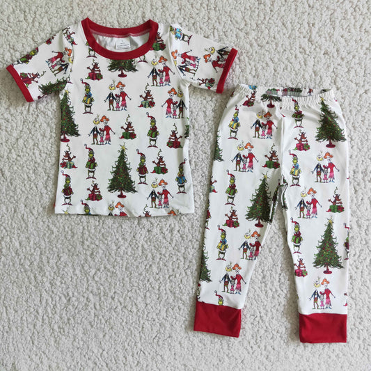 E2-2 Christmas boy tree green cartoon short sleeve pajamas outfits 1109 RTS