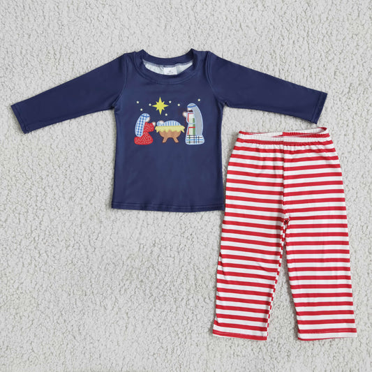 promotion RTS navy Thanks giving day boy long sleeve red white stripe long sleeve pant outfits