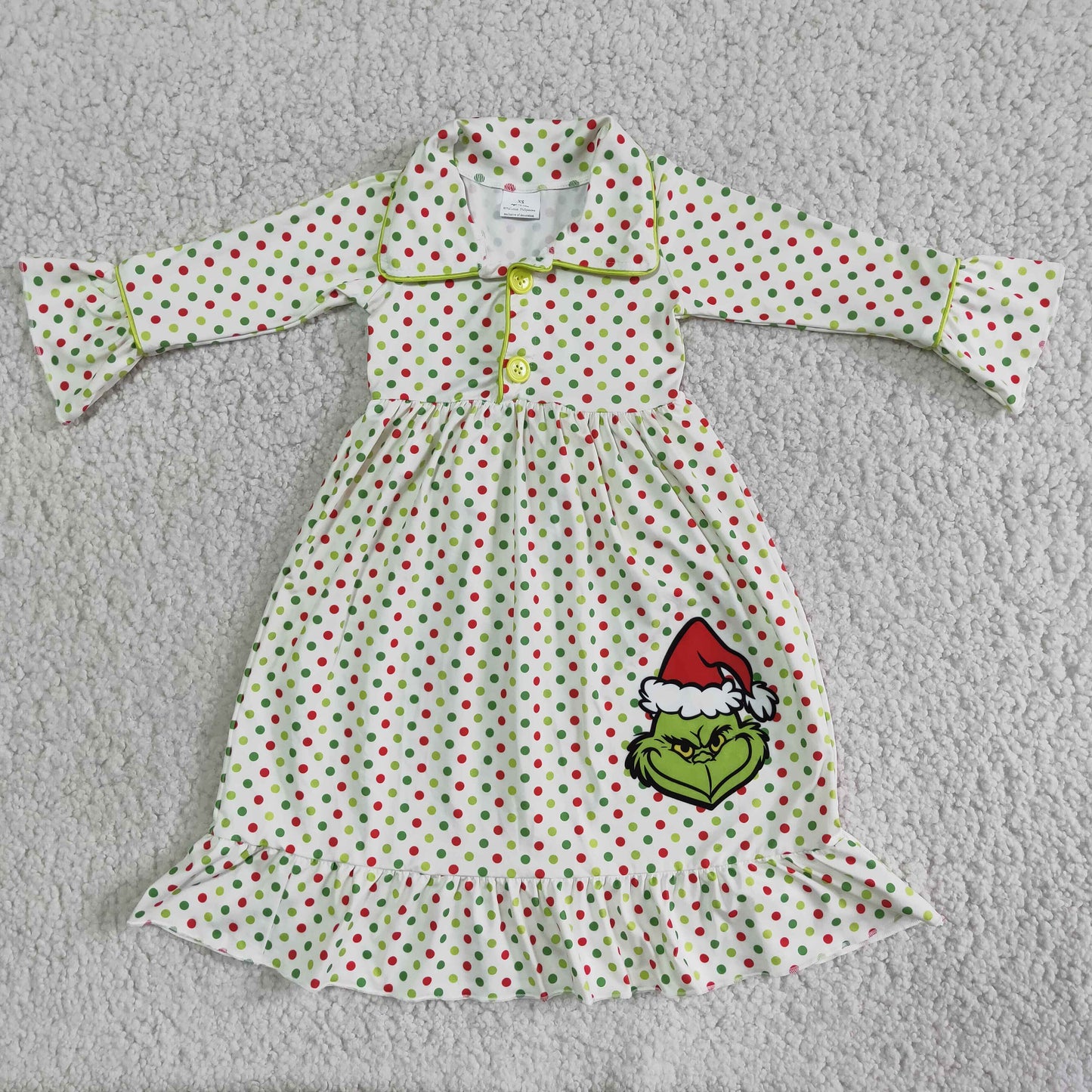 christmas green cartoon lace button dot long sleeve dress 0905 RTS