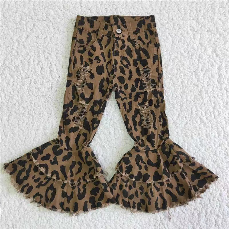 Fashion girl leopard double ruffles denim pants