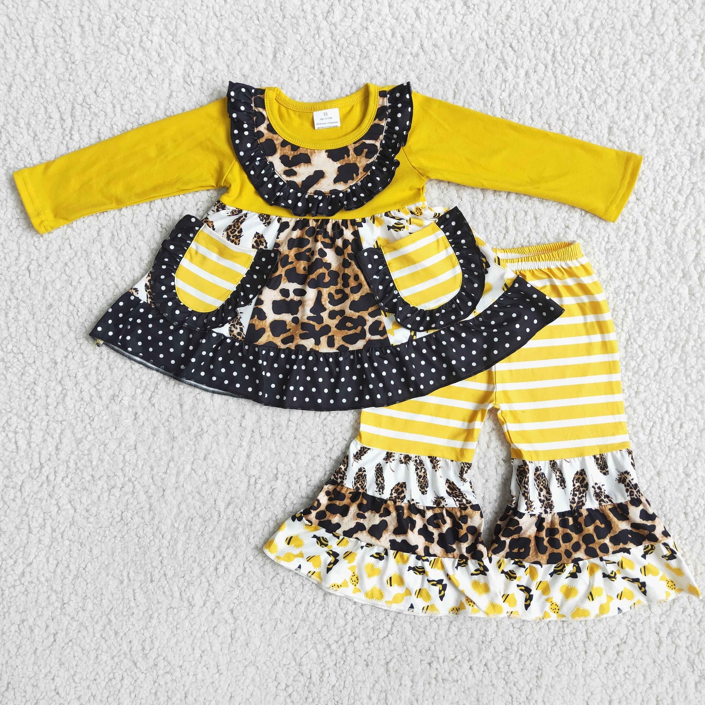 promotion 6 B5-2 girl tunic leopard print stripe pocket lace black dot yellow long sleeve pant outfit