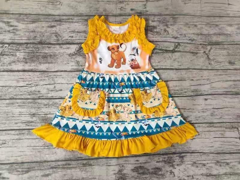 pockets yellow blue triangle chevron ruffles cartoon lions sleeveless dress 0512