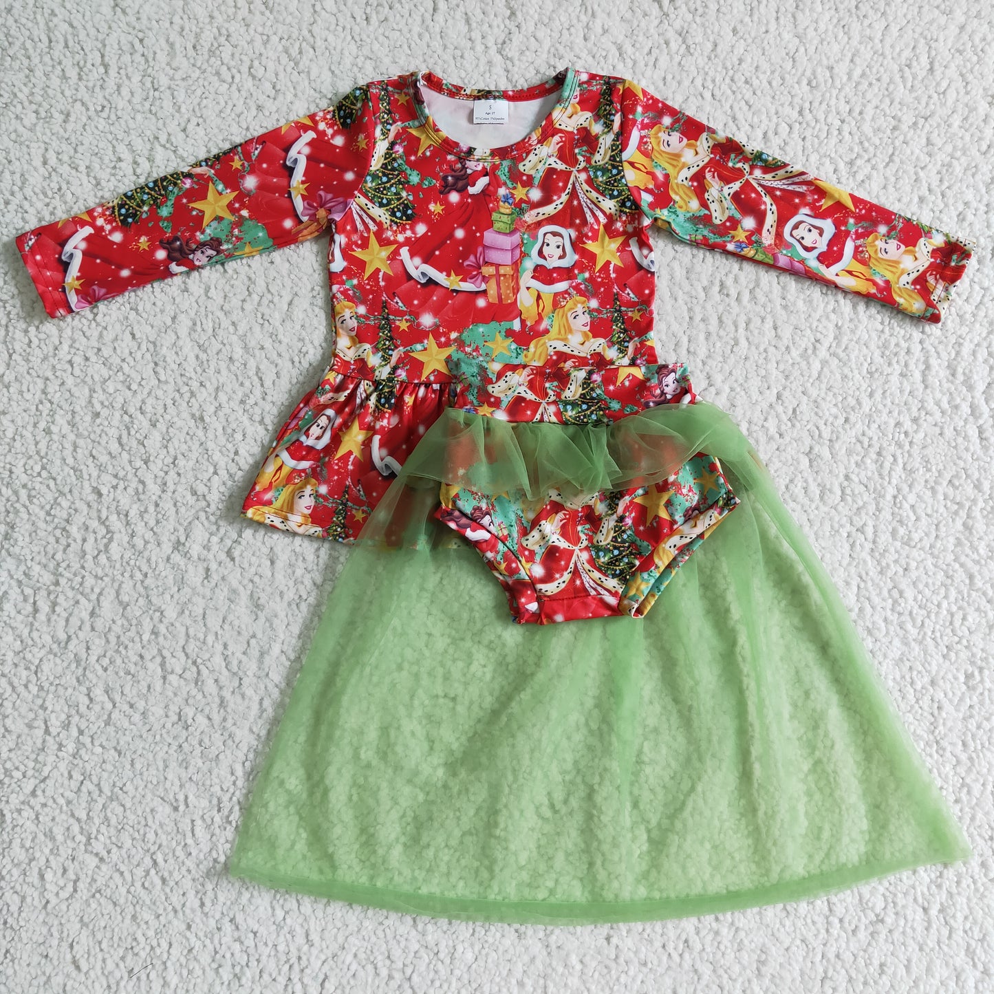 Preorder Christmas long sleeve baby green tulle gause girl bummie set outfit 0906