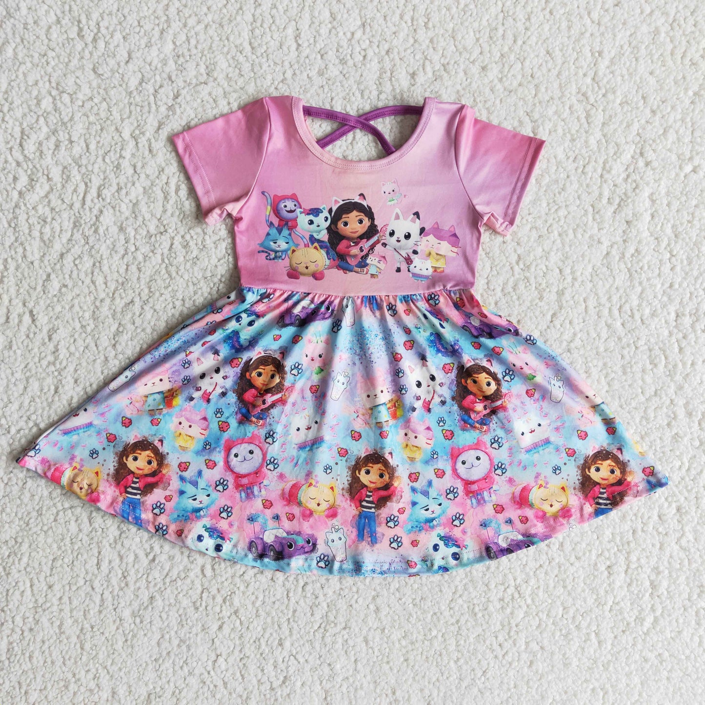 Promotion B1-3 crisscross cartoon doll pink girl short sleeve dress 20230530 RTS