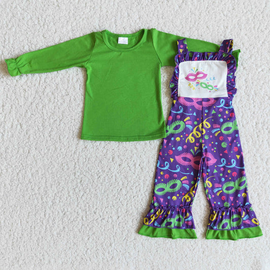 RTS Mardi Gras Carnival green ruffles purple girl overall outfits