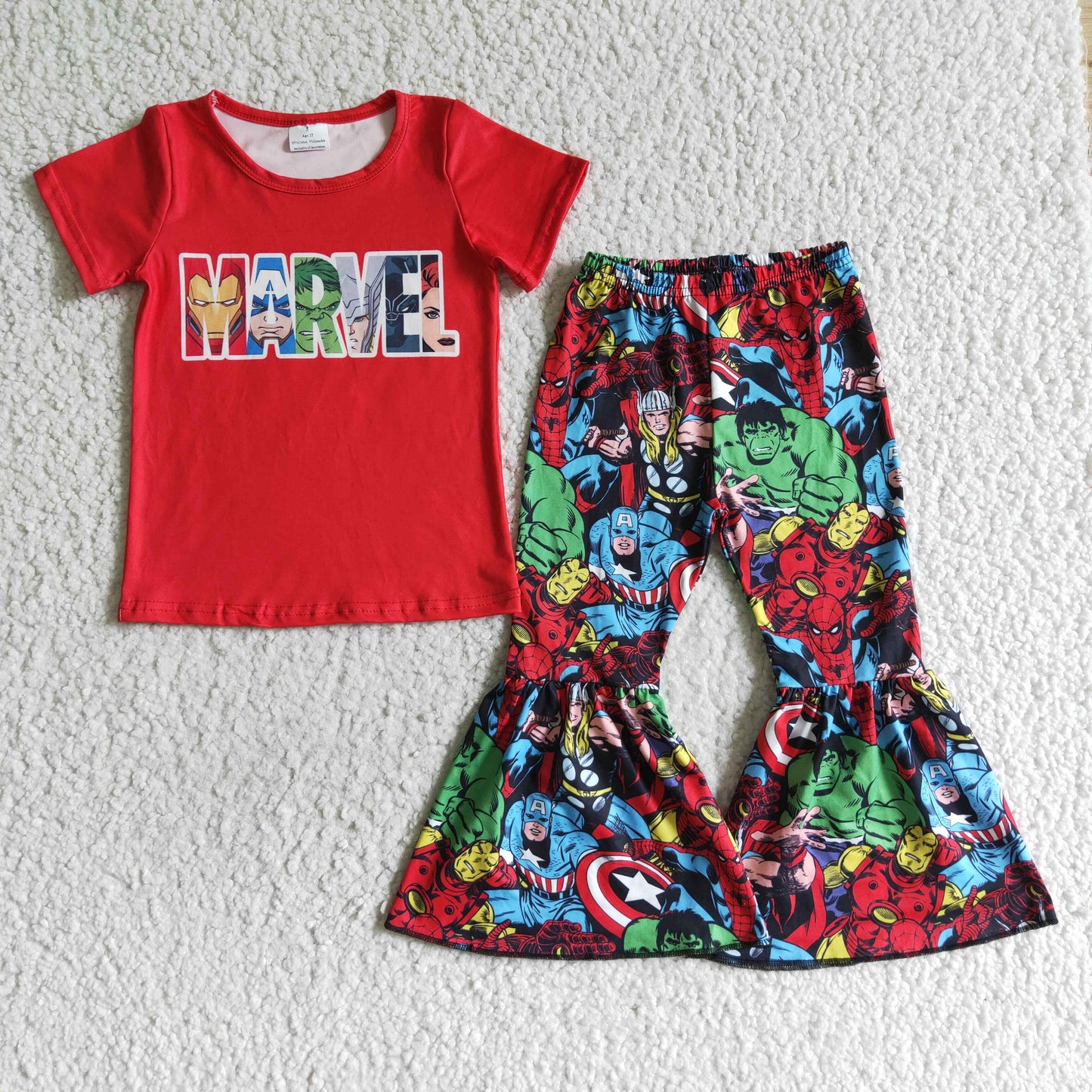 GSPO0159 RTS red universe cartoon short sleeve long bell bottom pants girl outfit MAR RTS 20230225