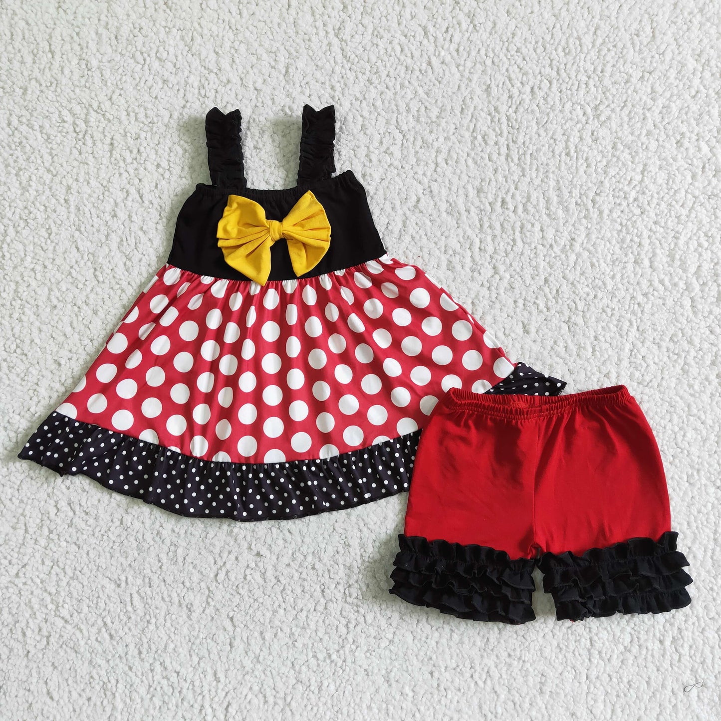 promotion RTS cartoon shoulder strap black red white dot yellow bow short sleeve shorts girl outfits 202404