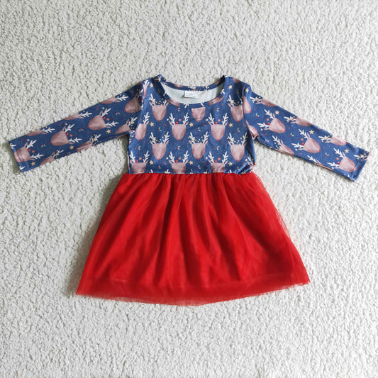 Christmas Red blue Deer tulle  long sleeves girl gauze dresses