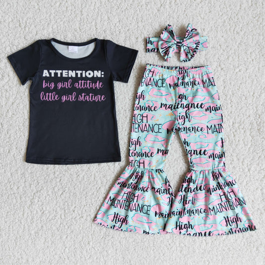 promotion B1-20 black top attention letters high maintenance black pink blue short sleeves bell bottom pants girl outfit 0115Jan